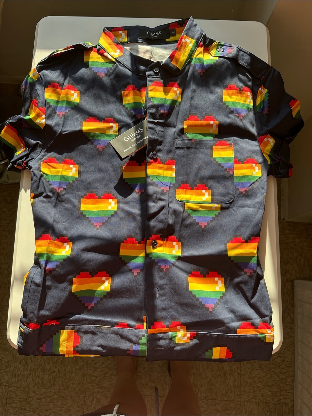 Navy Short-Sleeve Button-Up Shirt with Rainbow Pixel Hearts